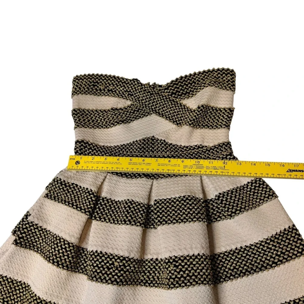 Lore Black Gold Cream Striped Strapless Pleated Fit and Flare Dress Size M Lo're